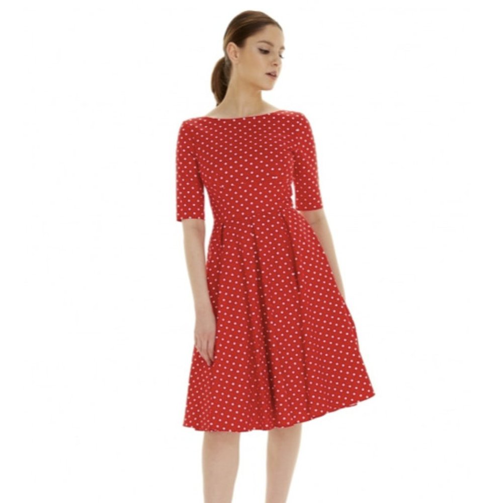 The Pretty Dress Company Hepburn Swing Dress in Red Polka Dot